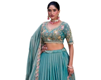 Blue Sequin Lehenga Choli Set: Embroidered Silk Lengha, Indian Wedding Dress