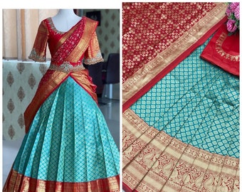 Designer half saree for women, Kanchipuram silk lehenga saree with dupatta, traditional south indian wedding dress, Pavadai sattai for girls