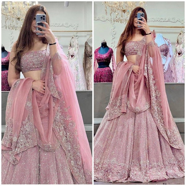 Tenue de soirée Lehenga choli pour femme, Lehenga choli rose avec séquences, Georgette Lehenga avec dupatta, Chaniya choli de mariage pour demoiselle d'honneur