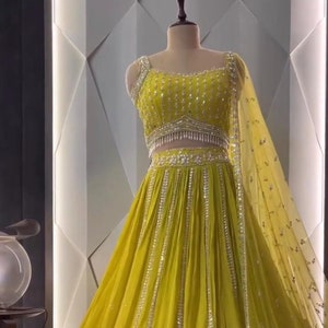 Party wear yellow lehenga choli for women usa, designer wedding chaniaya choli for bridesmaid, Georgette lengha for reception, sequin lengha