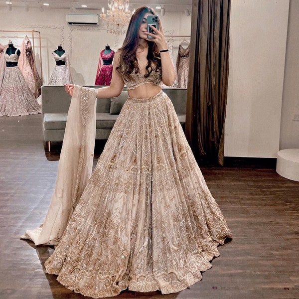 Designer doux net doré et crème mariée lehenga choli pour les femmes, lehenga de mariage avec travail de broderie, sequin lehenga, fantaisie ghagra choli