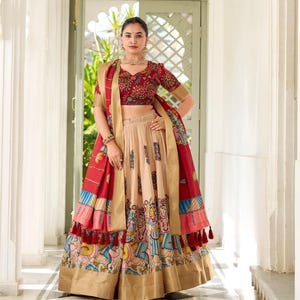 Brautjungfer creme lehenga choli set für die Hochzeit, kalamkari print dola seide lengha choli für frauen, designer lengha für festliche, indische lengha