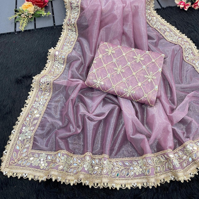 Women's Pure Silk Lavender Embellished Designer Saree With Blouse Piece