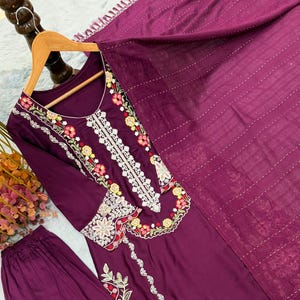 Wine Satin Rayon Palazzo Set, Thread Embroidered Kurta with Cutwork Sleeves & Lace Border Dupatta for Women