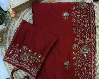Rust Maroon Rangoli Silk Saree, Sequin & Zari Embroidery with Matching Blouse for Women