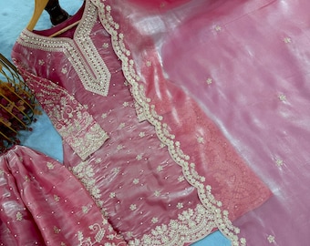 Frendy Silk pastel Kurta Palazzo suit, Light Pink Embroidered kurta sharara set, Wedding three piece dress for gift