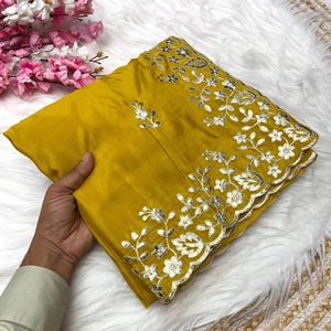Trendy yellow saree for women, fandy satin sari blouse for girls, party wear saree for function, wedding sari for reception, designer sari