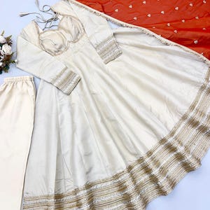 Sophisticated Ecru White Traditional Dress, Cosmos Gold Base, Heavy Micro Cotton Inner Trousers, Sequence Border Veil Pack