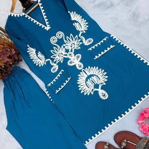 Blue Rayon Palazzo Set | Embroidered Thread Work, Lightweight Indian Ethnic Wear