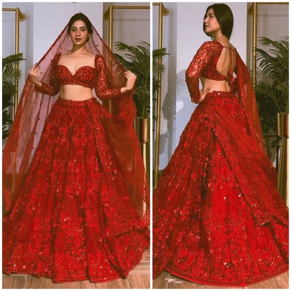 Wedding wear soft net red lehenga choli for women USA, bridal lehenga choli for reception, bollywood lehenga with sequin embroidery work,