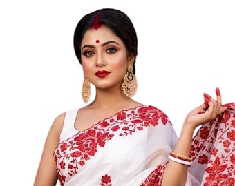 White Rangoli Silk Saree, Thread & Sequin Embroidery Work, Embroidered Sequin Lace Border with Matching Blouse