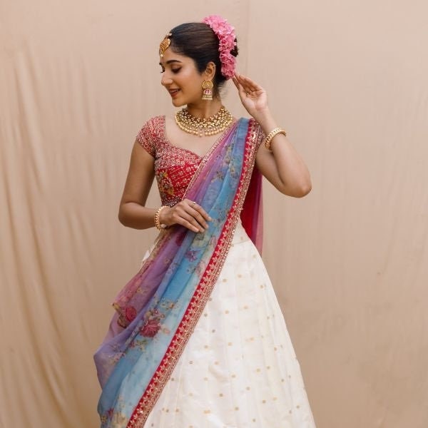 Off white half saree for women, designer half saree lehenga for festival, south Indian knajivarm silk half saree,wedding waer pavadai sattai