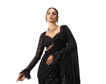Black Faux Georgette Saree, Heavy Sequins Embroidery, Mirror Work Blouse, Party Wear Outfit