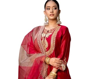 Designer Chinon Silk Kurta Sharara Set, Embroidered Palazzo Suit, Festive Wear