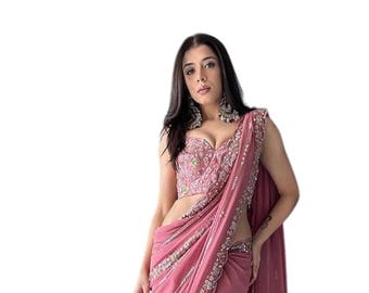Baby Pink Georgette Saree – C-Pallu Embroidery, Silk Blouse, Floral Work Party Outfit