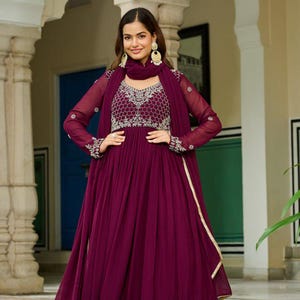 Wine Anarkali Gown with Dupatta, Embroidered Festive Dress