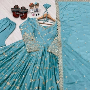 Blue Sequin Gown with Pants, Chinon Silk Indian Festive Dress