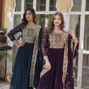 Anarkali gown dress for women USA, wedding gown for girls, Indian gown for reception, faux blooming evening party wear gown with sequin work