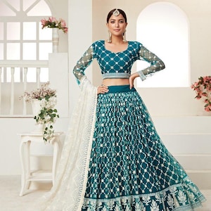 Teal blue bridal lehenga choli for wedding, designer sequin lehenga for women, Indian lengha set for reception, butterfly net chaniya choli