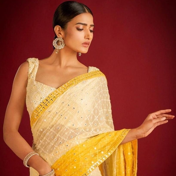 Saree jaune pour les femmes, saree de vêtements de fête avec travail de fil de broderie, saree Georgette pour le festival, saree à paillettes design pour la fonction de mariage