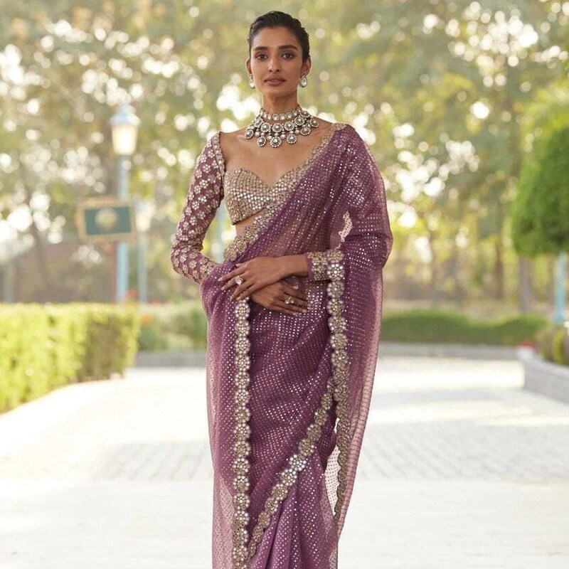 Dual‑Shade Crunchy Silk Saree – Sequins Work with Satin Silk Blouse
