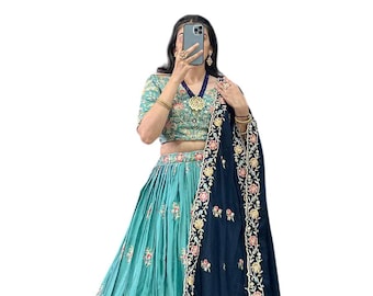Sea Blue Lehenga Choli: Sequins & Thread Embroidery, Slab Silk Lengha