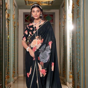 Bollywood Style Black Georgette Saree Blouse, Designer Sari for Indian Festive & Party Occasions, Elegant Pearl Lace Border Sari with Blouse