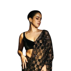Multi-Dimensional Jet Black Sari | Dual-Size Sequins Grid Embroidery | High-Sheen Geometric Box Layout | Fluid Cocktail Wear Drapery