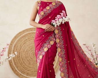 Pink Tussar Silk Saree: Floral Embroidery, Party Wear Sari
