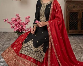 Ensemble Kurta Palazzo en soie Chinon, tenue indienne brodée noire