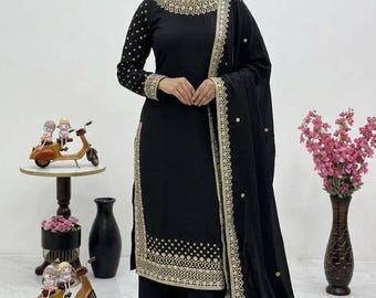 Traje Sharara de seda crepé negra bordado: atuendo para bodas indias