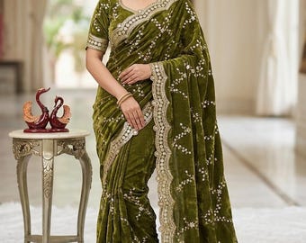 Embroidered Space Silk Saree, Sequin Designer Sari, Indian Wedding Wear