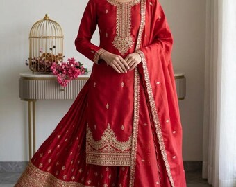 Red Chinon Silk Palazzo Suit, Embroidered Sharara Set