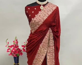 Vichitra silk saree for women, red saree with blouse, Indian wedding outfits, designer saree with ston embrodiery work, Indian ethnic saree