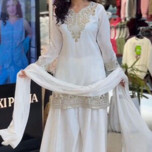 Completo palazzo in seta Fandy / Abito festivo bianco arancione con ricami di paillettes
