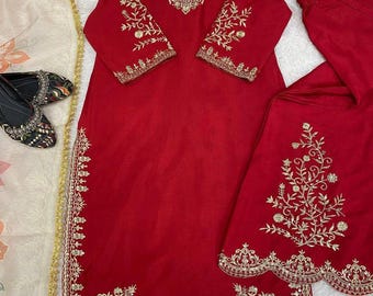 Red Wedding Ghagra Set, Sequin Embroidery Pakistani Suit, Festive Desi Wear