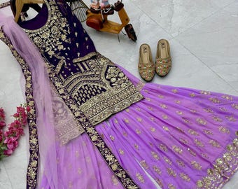 Pakistani wedding palazzo suit for women, faux georgette sharara set for girls, embroidered kurta sharara set, purple sharara suit for gift