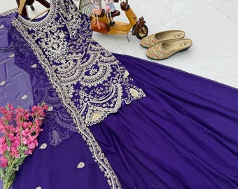 Traje sharara morado de georgette sintético para mujer, EE. UU., traje palazzo bordado para niñas, sharara de boda pakistaní, trajes Desi para eventos.