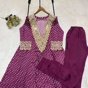 Embroidered wine salwar suit with real mirror work, printed chinon salwar kameez for women, designer three piece suit,fully stitched salwar