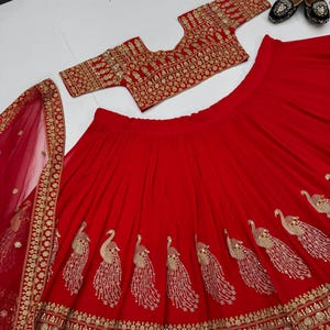 Red Wedding lehenga choli for women, Embroidered faux Georgette lengha set, designer sequin lengha for reception, new Indian chaniya choli