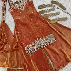 Orange Purple Silk Kurti Palazzo, Heavy Embroidery Sequence Thread Work, Umbrella Pattern Stitched Suit