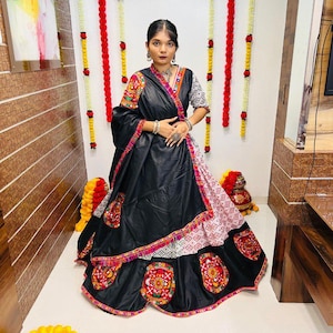 Navratri Garba Lengha choli with Gamthi Mirror Work | Ready-to-Wear Patola Print Cotton Silk Lengha set for Garba | Traditional Garba outfit