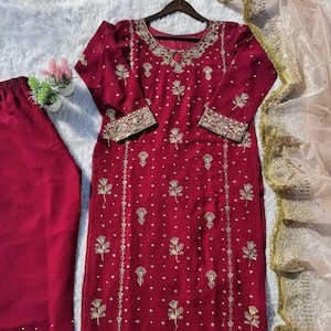Faux Georgette maroon salwar suit for women, embroidered wedding salwar kameez, fully stitched kurta pajama set, Indian ethnic festive wear
