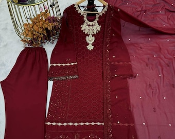 Ready-to-Wear Maroon Palazzo Suit For Women | Designer Faux Georgette Wedding Salwar Kameez | Full Stitched Embroidered Indian Ethnic Wear