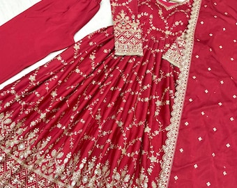 Pink Sequin Chinon Silk Gown: Indian Wedding Anarkali Dress