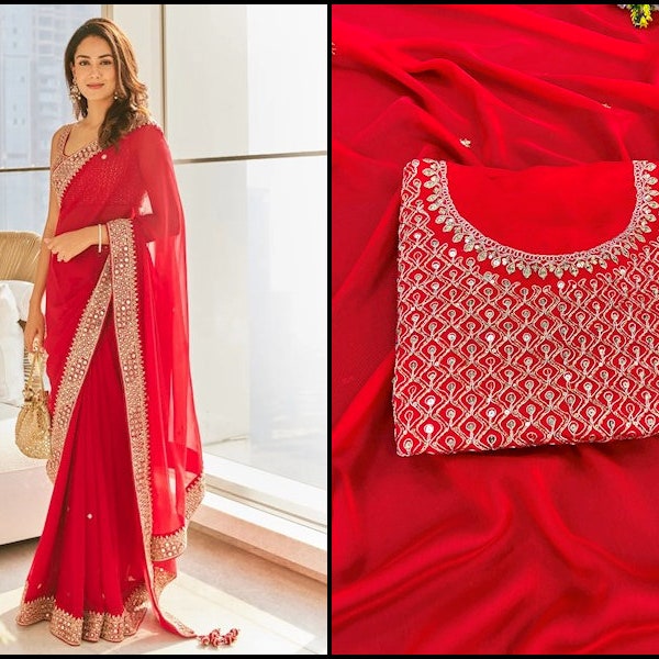 Les célébrités portent un saree rouge en soie rangoli pour le mariage, un faux saree Georgette pour les femmes, un saree Bollywood de créateur, une saree séquentielle avec un travail de fil