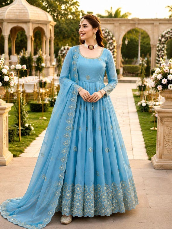 Boutique Style Anarkali Gown, Sky Blue Embroidered Ethnic Wear With Matching Dupatta