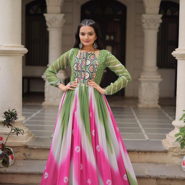 Chinon Bandhej Printed Green Festive Anarkali Gown main image 1