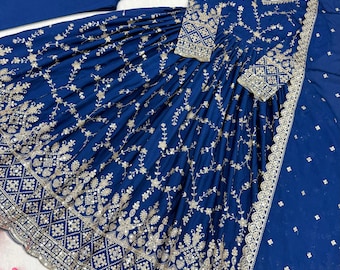 Royal Blue Embroidered Chinon Silk Gown, Sequin Indian Wedding Dress