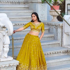 Mustard Yellow Lehenga Set With Zardosi Sequins Choli And Printed Dupatta